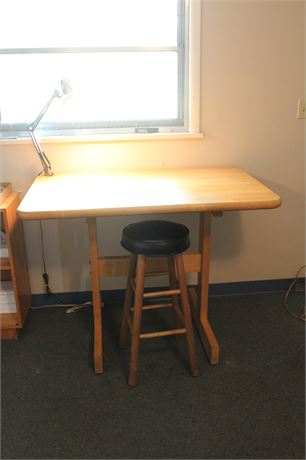 Wood Drafting Table with Lamp and Stool