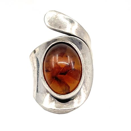 Contemporary Sterling Silver and Amber Statement Ring