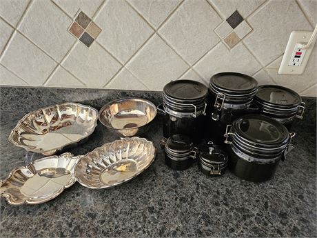 Canister Set and Silver Plate Serving Dishes