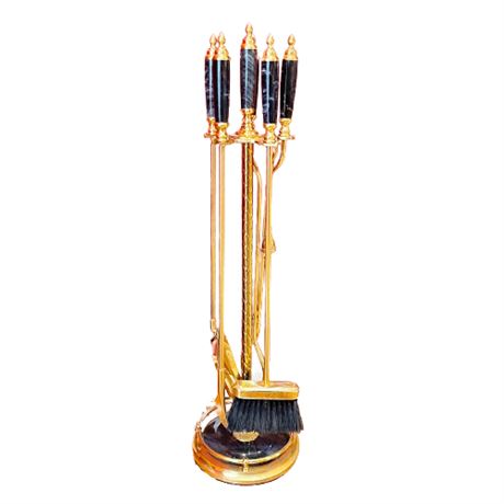 Five Piece Solid Brass / Black Marble Fireplace Tool Set