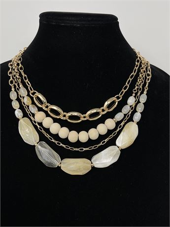 Cream Wood and Acrylic Wire Strung Bead Necklace