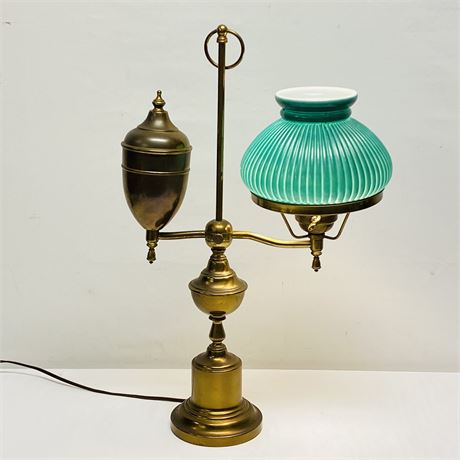 Vintage Brass Student Lamp with Forest Green Ribbed Glass Shade