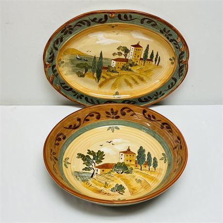 Tuscan Landscape Ceramic Platter and Matching Bowl