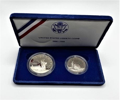 1986 Proof Statue of Liberty 2 Coin Silver Dollar and Half US Mint Set w/papers