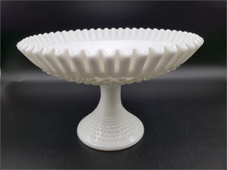 Fenton Hobnail Milk Glass Ruffled Fruit Bowl with Pedestal Stand