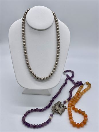 2 Stone Bead Necklaces and Sterling Bead Necklace