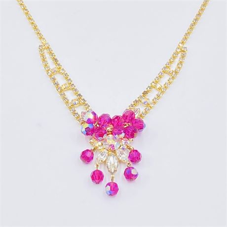 Vintage Rhinestone and Pink Beaded Necklace