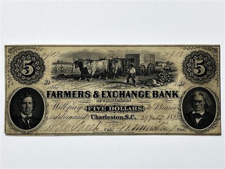 1853 SC Farmers and Exchange Bank Five Dollar Note