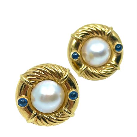 14K Gold Pearl & Sapphire Earrings
