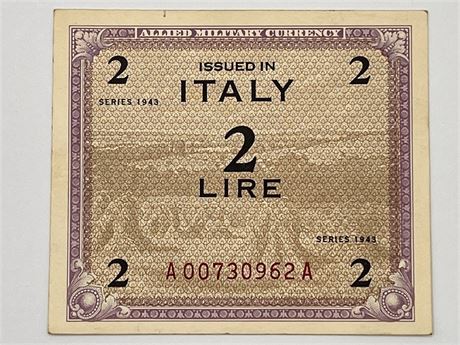 WW2 Series 1943 Italy 2 Lire Allied Military Currency Note