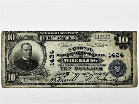 1905 $10 National Currency Note Wheeling National Bank of West Virginia