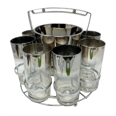 Dorthy Thorpe Silver Ombre High Ball Glasses and Ice Bucket with Caddy