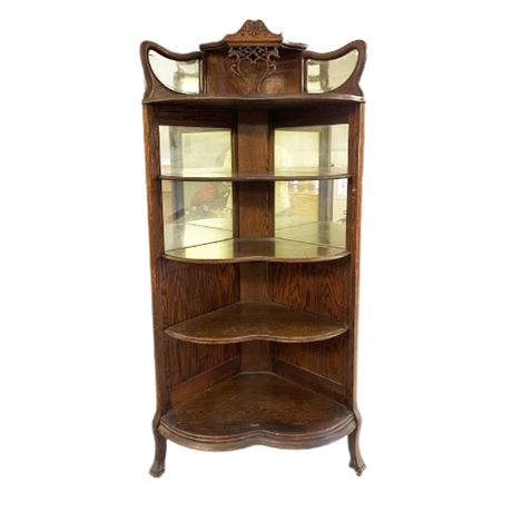 Antique Corner Mirror Back Curio Cabinet With Phoenix