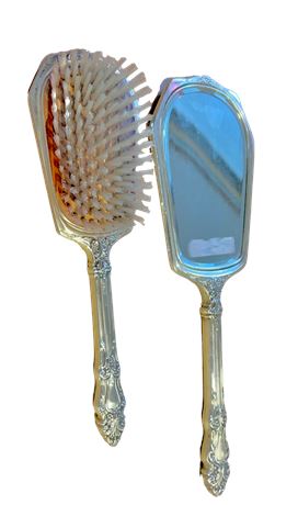 Sterling Silver Vanity Set Mirror and Brush