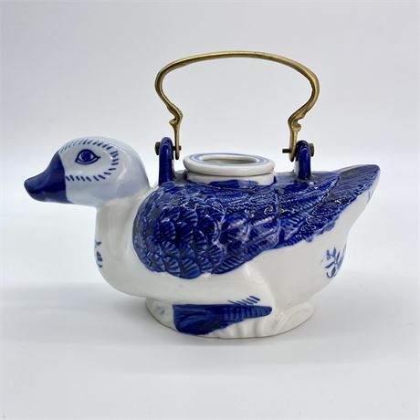Vintage Chinese Porcelain Duck Teapot with Brass Handle