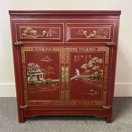 Vintage Oriental Red Chinoiserie Freestanding Accent Cabinet/Entryway Cabinet