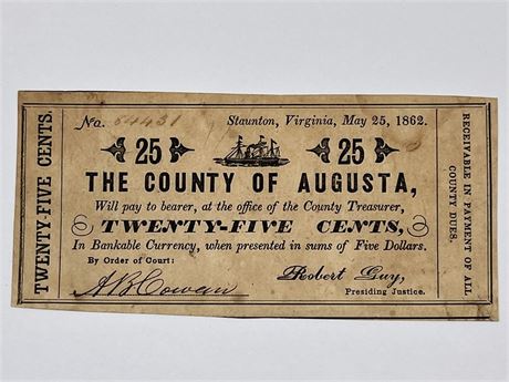 1862 Virginia Confederate 25 Cent Note Civil War Currency