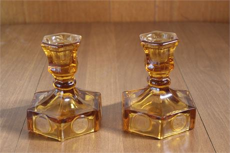 Vintage Fostoria Amber Liberty Bell and Coin Glass Candlestick Holders Set