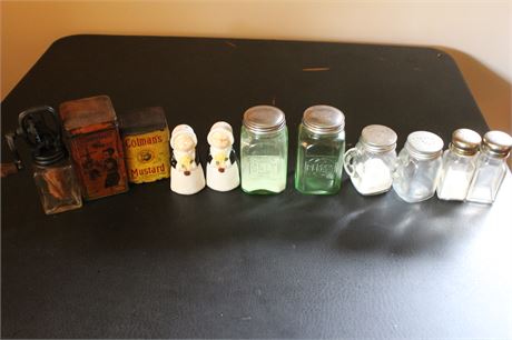 Salt & Pepper shakers, Small Hand Churn, and Vintage Spice Tins