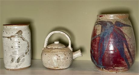 Art Studio Stoneware Tea Pot and 2 Vases