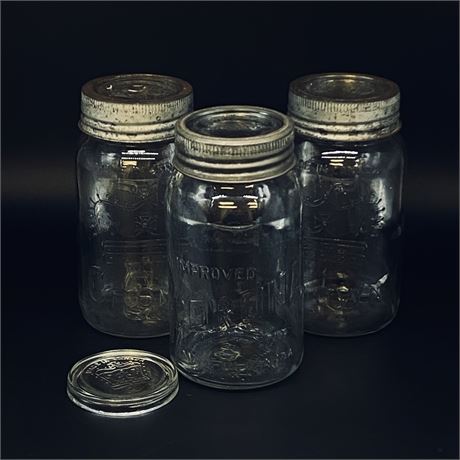 Set of 3 1950 Crown & Corona Canada Quart Sized Canning Jars with Zinc Lids