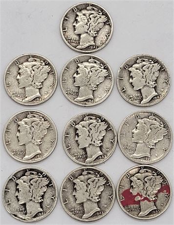US Mercury Silver Dime (Lot of 10)
