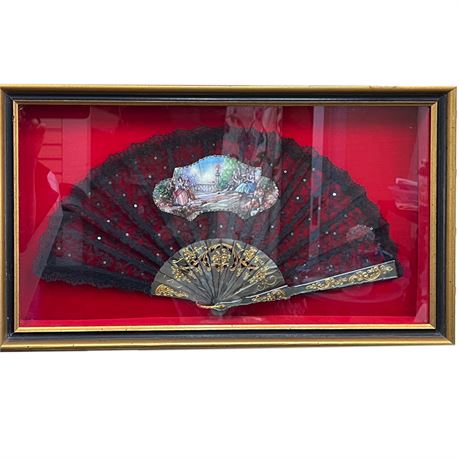 Vintage Black Sequin Lace Fan, Celluloid Spine