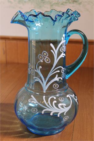 Vintage Hand Painted Blue Glass Pitcher with Ruffled Rim