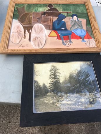 Two Pictures Painting of buggy and river print or photo