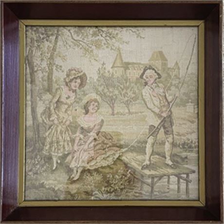 Vintage Framed Tapestry, 19th C. French Fishing Scene