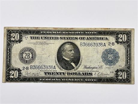 1914 $20 Transportation Federal Reserve Note FRN Large Note Currecy