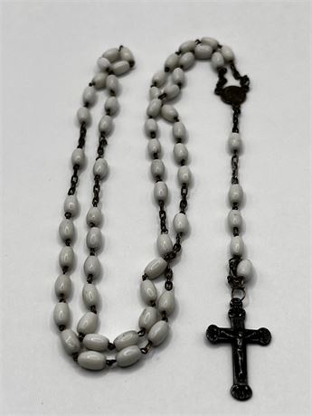 Vintage Milk Glass Rosary Necklace Crucifix Pendant