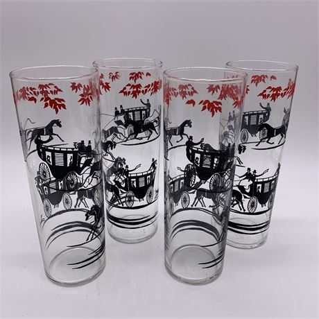 Vintage Set of 4 Skinny Horse Drawn Carriage Cocktail Glasses