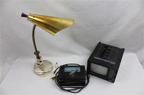 Vintage Portable 5" B/W TV-Radio, Marx Transformer, and Table Lamp