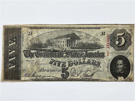 Civil War 1863 Confederate $5 Five Dollar Note Stamped January 1864 Currency
