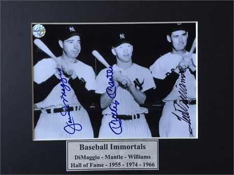 Baseball Immortals DiMaggio-Mantle-Williams HOF 1955-1974-1966 Signed x3. COA
