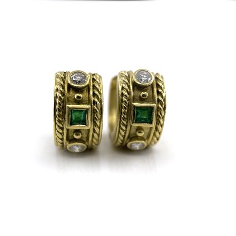 Emerald and Diamond 18 K Hoop Earrings