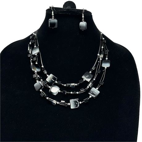 Black Blue Glass Bead Wire Necklace and Earring Set