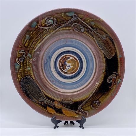 Colorful Art Pottery Plate - 14 3/4" and Mounted for Hanging
