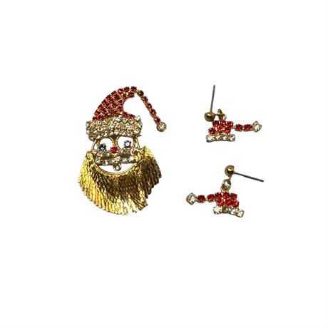 Rhinestone Santa Pin and Pierced Earrings