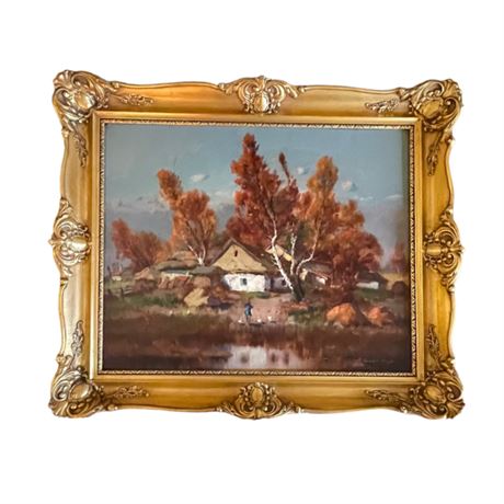 "Farmhouse in the Woods" Framed Oil Painting on Wood