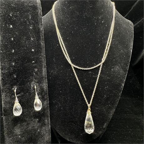 Sterling Silver Necklace with Acryllic Crystal Teardrop and Matching Earrings