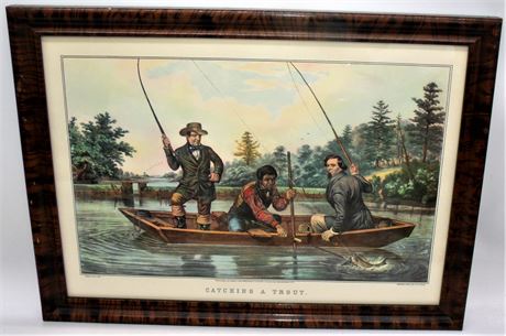 Framed Currier & Ives Catching A Trout Black and White men