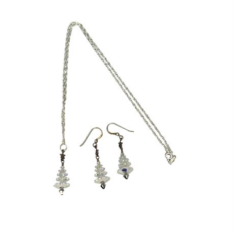 925 Silver Crystal Christmas Tree Necklace and Earrings