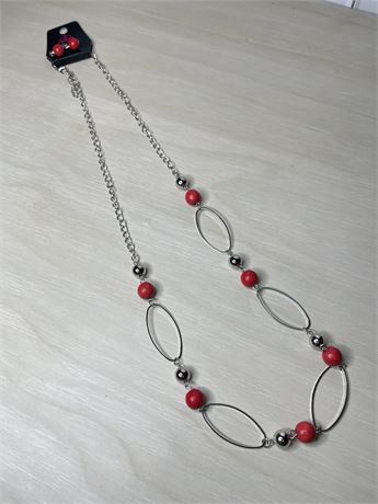 Red Bead Silver Tone Chain Necklace and Earrings