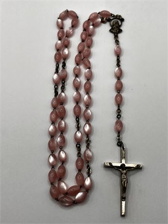 Vintage Italian Rosary Necklace Jesus and Mary Pendant Pink Bead