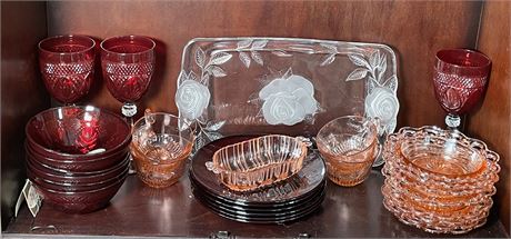 Assorted Cranberry Glass and Pink Depression Glass