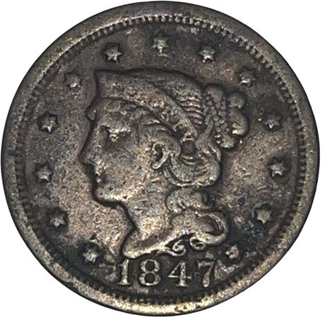 1847 US Braided Head Large One Cent Coin