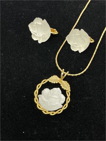 Frosted Glass Rose Earrings and Necklace