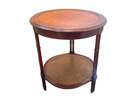 Vintage Two Tier Side Table with Tooled Leather Top and Ratton Bottom Tier